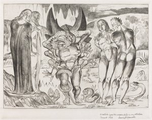 O Círculo dos Ladrões, Agnolo Brunelleschi Atacado por uma Serpente de Seis Pés, 1827. de William Blake