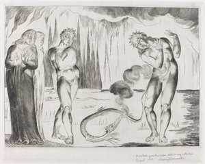 O Círculo dos Ladrões, Buoso Donati Atacado pela Serpente, 1827. de William Blake