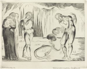 O Círculo dos Ladrões, Buoso Donati Atacado pela Serpente, 1827. de William Blake