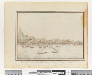 Em frente, p. 37. "Cidade de São Sebastião, Rio de Janeiro: Sirius & Convoy no Anchor. 1787