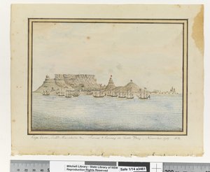Em frente, p. 46. "Cidade do Cabo, Table Mountain &c; Sirius & Convoy in Table Bay, Novembro. 1787