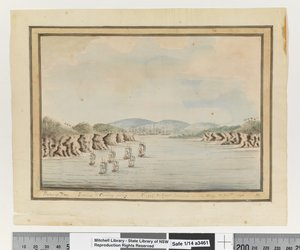 Em frente, p. 56. "Baía de Botany. Sirius & Convoy a entrar: Divisão de Abastecimento e Agentes na Baía. 21 Janry 1788