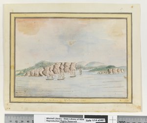 Em frente, p. 65. "Intância de Port Jackson 27 Janury 1788", c.1802 (aguarela)