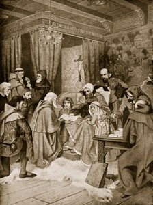 Robert Bruce conferindo uma Carta, 1329, ilustração da "Hutchinson&39;s Story ofthe British Nation", c.1920 de William Brassey Hole