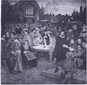 Assinatura do Pacto Nacional no Cemitério Greyfriars 1638, da História de Cassells do Povo Britânico publicado pela Waverley Book Company Limited, c.1940 de William Brassey Hole
