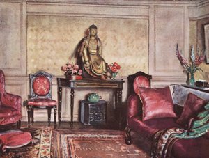 Decoração de interiores: Um esquema de mobiliário que mostra uma utilização bem sucedida de cor-de-rosa (litografia a cores) de William Bruce Ellis Ranken
