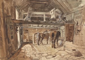 Interior de um Estábulo, com Alimentação de Cavalos de Reboque de William Burgess