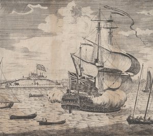 Uma Vista do Castelo William por Boston, na Nova Inglaterra, no início do século XVIII. de William Burgis.