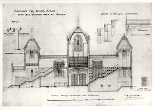 Detalhes de entradas, escadas, porta de câmara de forno e corrimãos, (nova escola grande), escola de rugby, 1844 (tinta preta, lápis und wc)