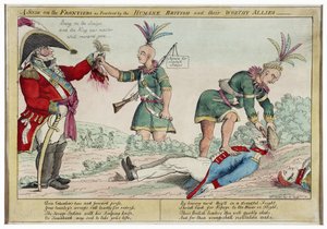 Uma Cena nas Fronteiras como Praticada pelo Humane British e seus Worthy Allies, pub. 1812 (gravura colorida à mão)