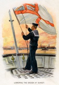 Abaixando a bandeira ao pôr do sol, c1890-c1893.