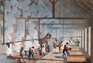 - Interior de uma casa fervendo em uma plantação de açúcar em "Dez Vistas na Ilha de Antígua, na qual estão representados o processo de fabricação de açúcar, e o emprego dos negros" por William Clark. 1823.