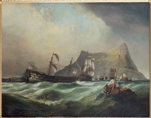 Netuno, rebocando a vitória para o porto de Gibraltar após a batalha de Trafalgar de Clarkson Frederick Stanfield