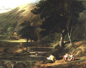 Borrowdale, Cumberland, com crianças a brincar por uma corrente de William Collins