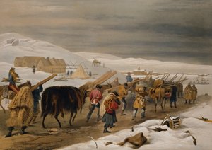 Cabanas e roupas quentes para o Exército, prato do "The Seat of War no Oriente", pub. por Paul e Dominic Colnaghi und Co., 1856 de William Crimea Simpson