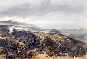 Segunda carga dos guardas quando eles retomaram a bateria de duas armas na batalha de Inkerman, gravada por Edmond Morin (1824-82) de O assento da guerra no Oriente - primeira série, publicado pela Colnaghi und