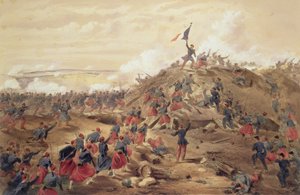 O ataque no Malakoff, placa de "O assento da guerra no Oriente", pub. por Paul e Dominic Colnaghi und Co., 1856 de William Crimea Simpson