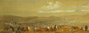 A Crimeia: vista panorâmica de Sebastopol mostrando os acampamentos militares e o porto; e uma vista panorâmica de Inkerman mostrando um acampamento militar e cavalaria ao amanhecer, de William Crimea Simpson
