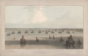 Vista das fragatas estacionadas em Hope sob o comando dos irmãos mais velhos da Trinity House, estuário do Tamisa de William Daniell