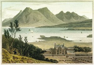Vista ocidental da ilha de Raasay (Escócia), com descrição de um grande edifício e dos jardins adjacentes. Gravura a cores de William Daniell (1769-1837) de William Daniell