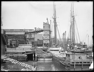 Docas, e, barcos, ligado, waterfront não identificado, possivelmente, rio harlem, inwood, nova iorque, c.1910 de William Davis Hassler
