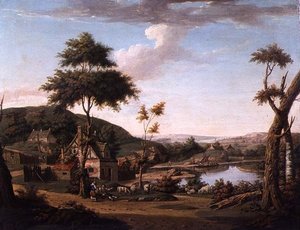 Paisagem fluvial com figuras fora de uma casa de campo de William Deas