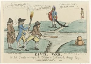 Engelse spotprent op de Nederlandse burgertwisten, 1787
Guerra civil, ou Lord Lunatic encorajando os Holandeses a derrubar o Partido Laranja (título sobre o objecto) de William Dent