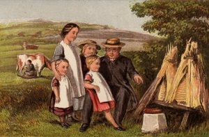Indústria: família no campo com colmeias (cromolito)