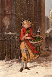 Pobre garota vendendo agrião em uma rua nevada (chromolitho)