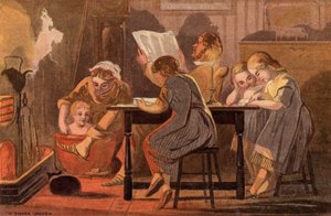 Sábado à noite: uma família lendo e se divertindo à noite (chromolitho)