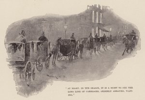 "À noite, na estação, é um espetáculo ver a longa fila de carruagens, ordenadamente dispostas, à espera" (gravura)
