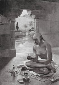 Kalidasa a escrever o "Mensageiro das Nuvens", 375 d.C. (litografia) de William Douglas Almond