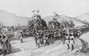 Vikramaditya Gupta parte para a guerra, 395 d.C. (litografia) de William Douglas Almond