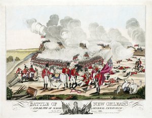 Batalha de Nova Orleans e morte do Major General Packenham no dia 8 de janeiro de 1815, pub. 1815 (gravura a cores) de William Edward (after) West