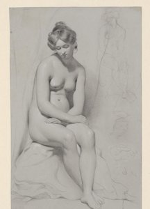 Modelo feminino nu sentado com corte de cabelo alto, esboçado novamente ao lado dele de William Etty