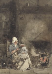 Uma mulher e criança por uma lareira, 1842 (wc sobre grafite no papel)