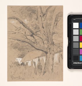 Paisagem com cavalete e guarda-chuva do artista (lápis aumentado de branco sobre papel de tecido bronzeado)