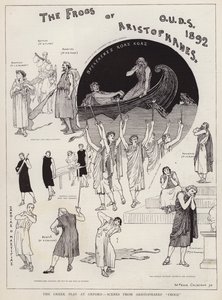 Cenas de uma produção da peça de Aristófanes The Frogs, da Oxford University Dramatic Society
