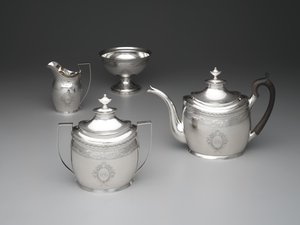 Bule de chá, creme, tigela de lixo e açucareiro, c.1795 (prata e madeira) de William Garret Forbes