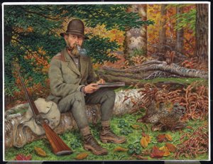 Auto-retrato em equipamento de caça, c.1875 (óleo e grafite sobre papel de fibra laminada) de William George Richardson Hind