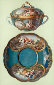 Ecuelle e Stand, Sevres, azul-turquesa, com Painéis após Boucher (cor litho)