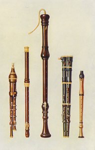 Instrumentos musicais: Dois flageolets duplos, uma flauta alemã e duas flautas duplas (litografia a cores)