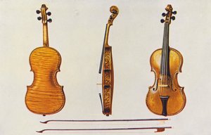 Instrumentos musicais: Violino, o Stradivarius de Hellier, e dois arcos antigos, conhecidos pela sua flauta (litografia a cores)