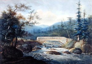 Ponte coberta sobre o rio Sacandaga, Hadley, NY, c.1820 (grafite e aquarela sobre papel) de William Guy Wall