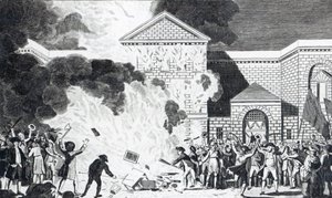 As devastações ocasionadas pelos desordeiros de Londres, disparando a Nova Prisão de Newgate e queimando a mobília do Sr. Akerman, 6 de junho de 1780, gravada por T. Thornton de William Hamilton