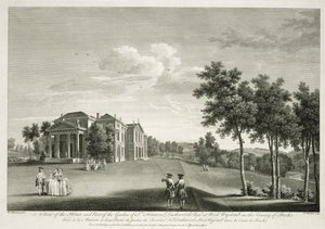 Vista da casa e parte do jardim em West Wycombe, Buckinghamshire, gravado por William Woollett (1735-85) de William Hannan