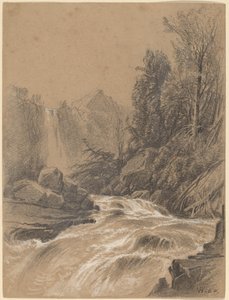 Paisagem de montanha, córrego e cachoeira