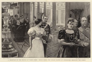 Uma recepção do Sultão no Quiosque Yildiz, Munir Pasha, o Grão-Mestre de Cerimônias, recebendo os convidados de William Hatherell