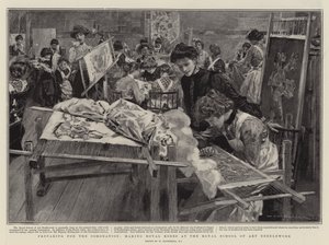 Preparando-se para a coroação, fazendo vestes reais na escola real de arte Needlework de William Hatherell