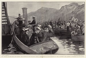 O Cruzeiro do Rei e da Rainha, o Retorno de Sua Majestade de um Veado em Kinlochmore para o Victoria and Albert, ancorado em Loch Leven